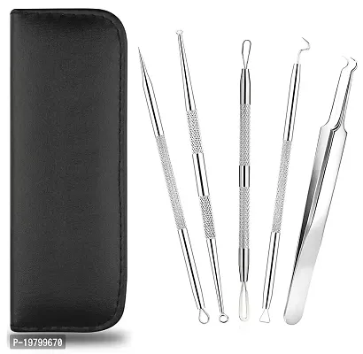 Lele Blackhead Remover Pimple Popper Tool Kit, 5 Pack Professional Comedones Extractor Acne Removal Kit for Blemishs, Whitehead Popping, Zit Removing for Nose Face - with solid Leather Case