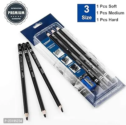 Charcoal Pencils Set 3Pcs Soft Medium And Hard Pencils With Sharpener Included Pencil (Pack Of 3)