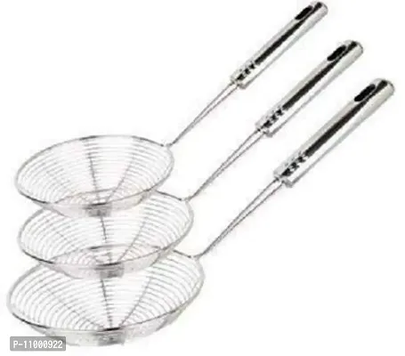 New Trend Stainless Steel Deep Fryer Strainer/Mesh Strainer/Jhara/Puri Strainer for Kitchen(Pack of 3) Collapsible Strainer (Silver Pack of 3)-thumb0