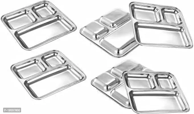 New Trend Stainless Steel Stainless Steel pav bhaji Plate 3 in 1 Pav Bhaji Plate | Three Compartment Dinner Plate| Dinner Plate (6 Dinner Plate) Dinner Set (Microwave Safe)-thumb3