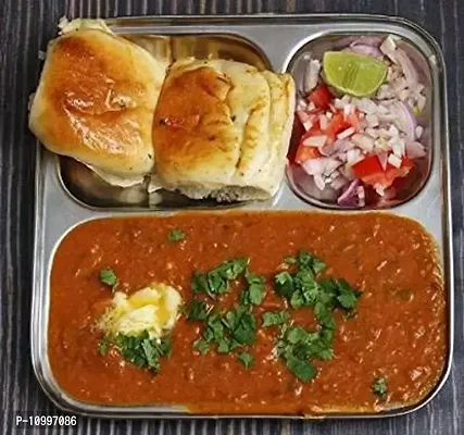 New Trend Stainless Steel Stainless Steel pav bhaji Plate 3 in 1 Pav Bhaji Plate | Three Compartment Dinner Plate| Dinner Plate (6 Dinner Plate) Dinner Set (Microwave Safe)-thumb5