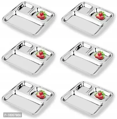 New Trend Stainless Steel Stainless Steel pav bhaji Plate 3 in 1 Pav Bhaji Plate | Three Compartment Dinner Plate| Dinner Plate (6 Dinner Plate) Dinner Set (Microwave Safe)-thumb0