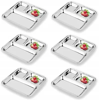 New Trend Stainless Steel Stainless Steel pav bhaji Plate 3 in 1 Pav Bhaji Plate | Three Compartment Dinner Plate| Dinner Plate (6 Dinner Plate) Dinner Set (Microwave Safe)