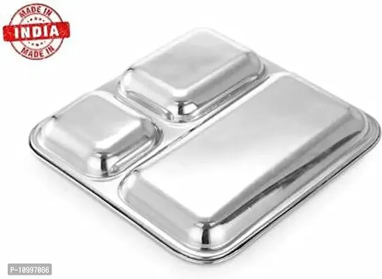 New Trend Stainless Steel Stainless Steel pav bhaji Plate 3 in 1 Pav Bhaji Plate | Three Compartment Dinner Plate| Dinner Plate (6 Dinner Plate) Dinner Set (Microwave Safe)-thumb4