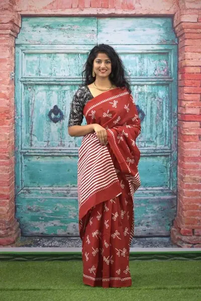 Jaipuri Printed Cotton Mulmul Sarees With Blouse Piece