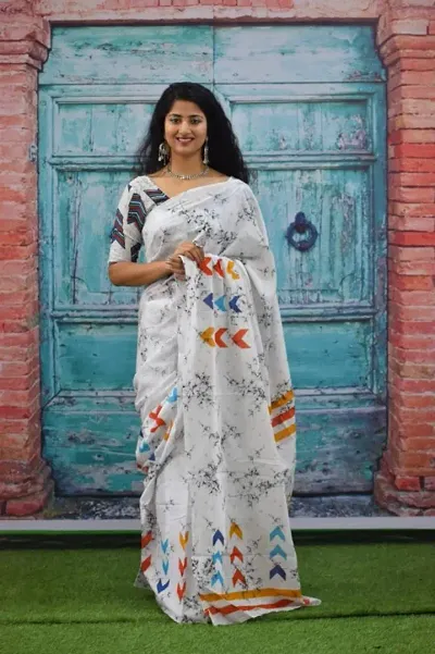 Beautiful Cotton Mulmul Printed Saree With Blouse Piece