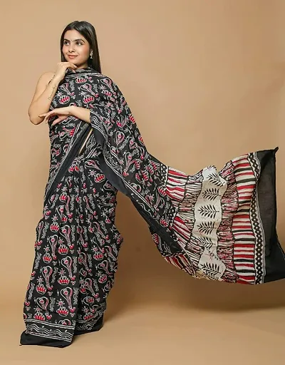Mulmul Cotton Printed Sarees with Blouse piece