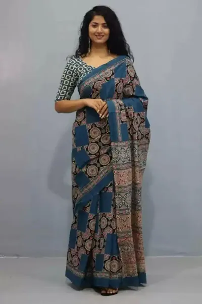 Ikat Cotton Printed Sarees With Blouse