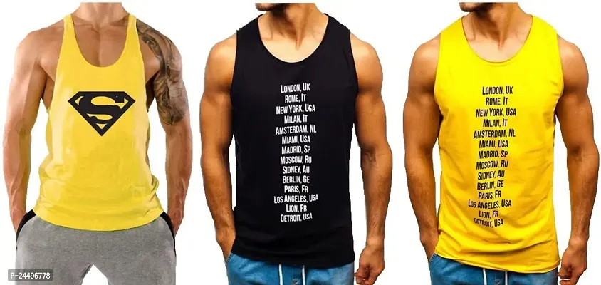 DIWAZZO New Cotton Printed Blend Fabric Gym Vest (Pack of 3) (Medium, Yellow::Black::Yellow)