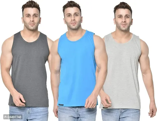 DIWAZZO Mens Cotton Vest Crafted with Bio Washed Cotton- Pack of 3 (Small, GreySilverBlue)