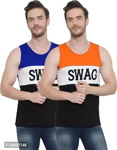 DIWAZZO New Mens Cotton Vest Crafted with Bio Washed Cotton Pack of 2 (X-Large, Blue:Orange)