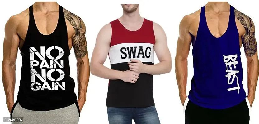 DIWAZZO New Cotton Printed Blend Fabric Gym Vest (Pack of 3) (XX-Large, Black:Dark Blue:Maroon)-thumb0