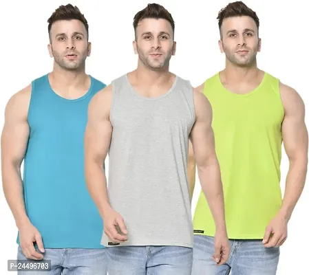 DIWAZZO Mens Cotton Vest Crafted with Bio Washed Cotton- Pack of 3 (X-Large, Light Blue::Grey::Light Green)