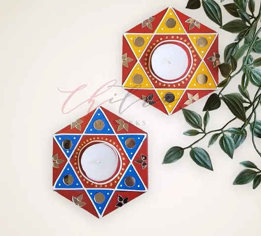 Chitra Artworks_Handmade Mud Mirror Tealight Candle | Diwali Set for Home Decor | Diwali Gift | Diwali Decoration | Corporate Gift (Pack of 2)