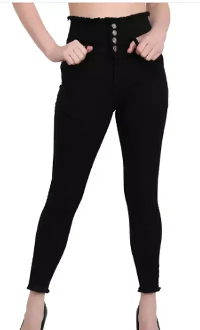 Women's Wear Denim 4 Button Strachable Jeans Raw Edges/Fringed Hem - Clean Look (28, Black)