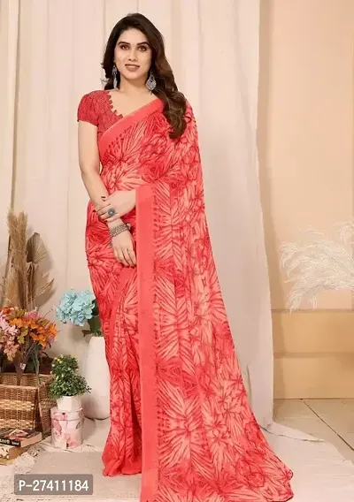 Elegant Peach Georgette Printed Saree with Blouse piece