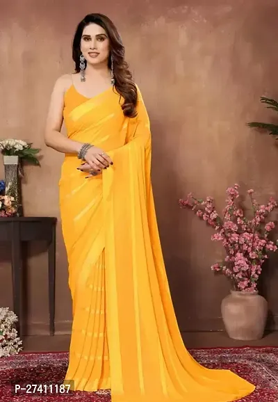Elegant Yellow Georgette Striped Saree with Blouse piece