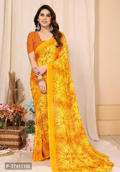 Elegant Yellow Georgette Printed Saree with Blouse piece