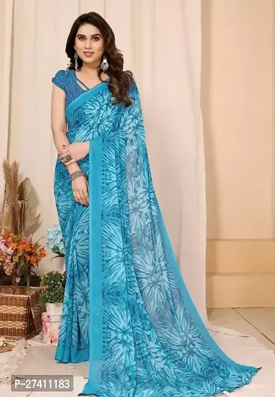 Elegant Blue Georgette Printed Saree with Blouse piece