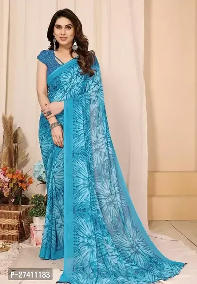 Elegant Blue Georgette Printed Saree with Blouse piece-thumb0