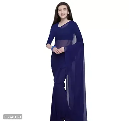 Elegant Navy Blue Georgette Solid Saree with Blouse piece