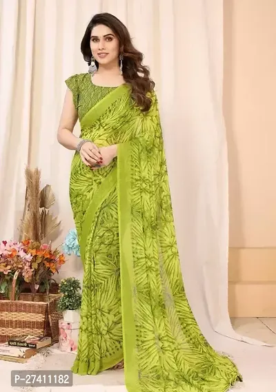 Elegant Green Georgette Printed Saree with Blouse piece-thumb0