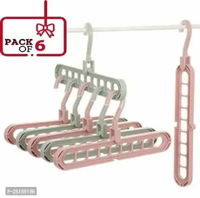 Plastic Multi Functional Adjutable  Folding Clothes Hanger Holder Portable Anti-Slip Storage Rack Space Saving Hook for Garment Drying (Multicolor, Pack Of 6)-thumb0