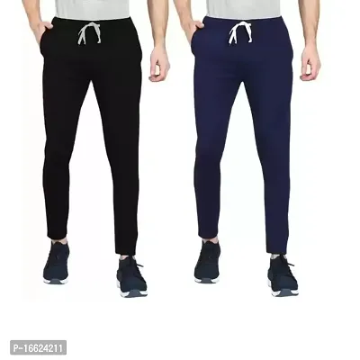 Pack of 2 Man Solid Self Design Regular Fit Track Pants (S, Blue/Black)