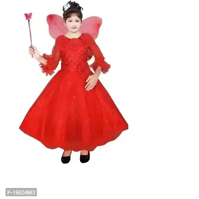 Girls Midi/Knee Length Festive/Wedding Dress Full Sleeve (6 Years 7 Years, Red)-thumb0