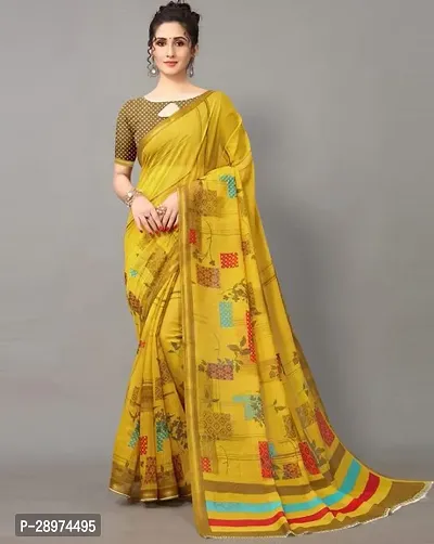 Stylish Crepe Yellow Printed Saree With Blouse Piece For Women-thumb0