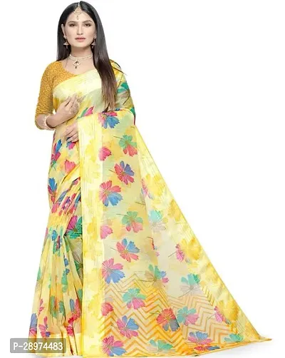 Stylish Crepe Yellow Printed Saree With Blouse Piece For Women-thumb0