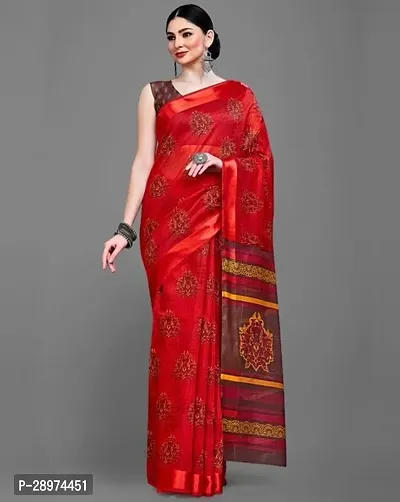 Stylish Crepe Red Printed Saree With Blouse Piece For Women-thumb0