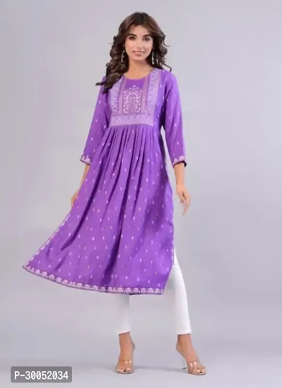 Women Printed Viscose Rayon Flared Kurta  (Purple)-thumb0