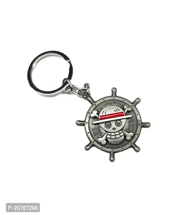 Stylish One Piece Anima Manga Ship Steering Wheel Spinning Rotating Silver Keychain-thumb0