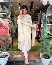 Beautiful A-Line Cream Cotton Kurta, Bottom and Dupatta Set For Women-thumb1