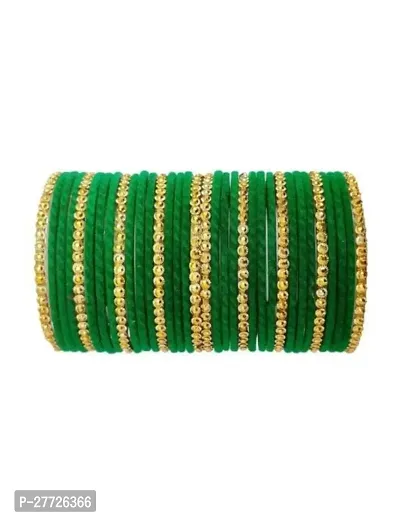 Trendy Green Velvet With Golden Designer Glass Bengal Set For Girls And Women, Pack Of 34-thumb0