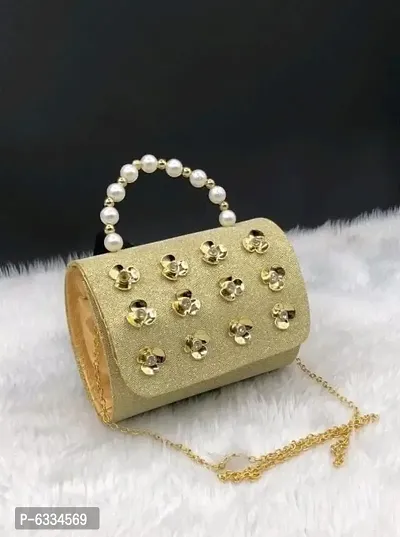 Golden Synthetic Self Pattern Clutches For Women