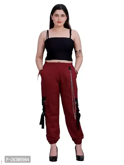 Elegant Maroon Cotton Solid Joggers For Women