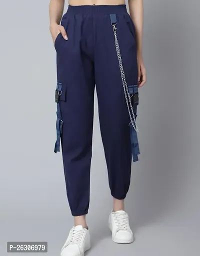 Elegant Navy Blue Cotton Solid Joggers For Women-thumb0
