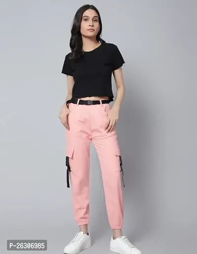 Elegant Pink Cotton Blend Solid Joggers For Women-thumb0
