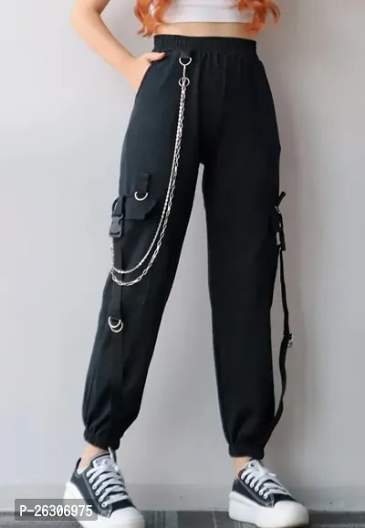 Elegant Black Cotton Solid Joggers For Women
