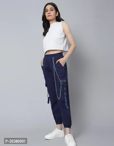 Elegant Navy Blue Cotton Solid Joggers For Women