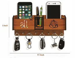 Iya Creations Uniques Special Designer Wooden 2 Pocket Pen Stand 8 Hook Wood Key Holder (28 cm x 12.5 cm x 4 cm, Brown) (Shree Ganesh)-thumb1