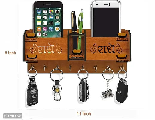 Iya Creations Unique Designer Wooden 2 Pocket Pen Stand 8 Hook Wood Key Holder (28 cm x 12.5 cm x 4 cm, Brown) (radhe radhe Two Box)-thumb2