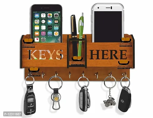 Iya Creations Keys Here Unique Designer Wooden 2 Pocket Pen Stand 8 Hook Wood Key Holder for Home /Office /Living Room/Kitchen (28 cm x 12.5 cm x 4 cm, Brown) (Keys here)-thumb0