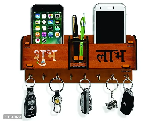 Iya Creations Unique Designer Shubh Labh Wooden 2 Pocket Pen Stand 8 Hook Wood Key Holder (28 cm x 12.5 cm x 4 cm, Brown) (Shubh labh)