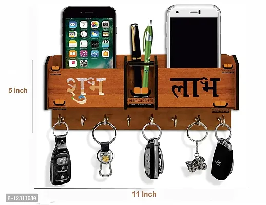 Iya Creations Unique Designer Shubh Labh Wooden 2 Pocket Pen Stand 8 Hook Wood Key Holder (28 cm x 12.5 cm x 4 cm, Brown) (Shubh labh)-thumb2