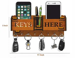 Iya Creations Keys Here Unique Designer Wooden 2 Pocket Pen Stand 8 Hook Wood Key Holder for Home /Office /Living Room/Kitchen (28 cm x 12.5 cm x 4 cm, Brown) (Keys here)-thumb1