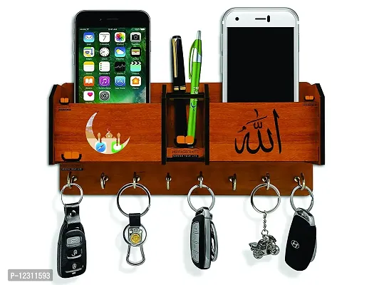 Iya Creations Unique Designer Allah Wooden 2 Pocket Pen Stand 8 Hook Wood Key Holder (28 cm x 12.5 cm x 4 cm, Brown) (Allah)