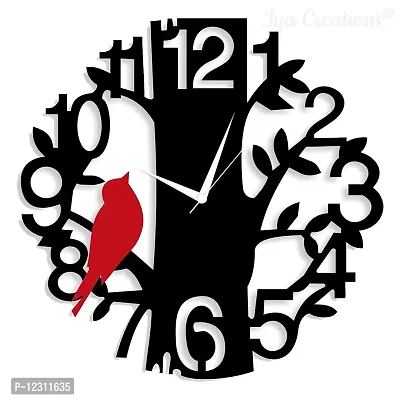 Iya Creations Wooden Analog Birds Wall Clock for Home, Living Room, Bedroom, Kitchen, Offices (Black and Red Sparrow, 30 x 30 x 2.5 cm)